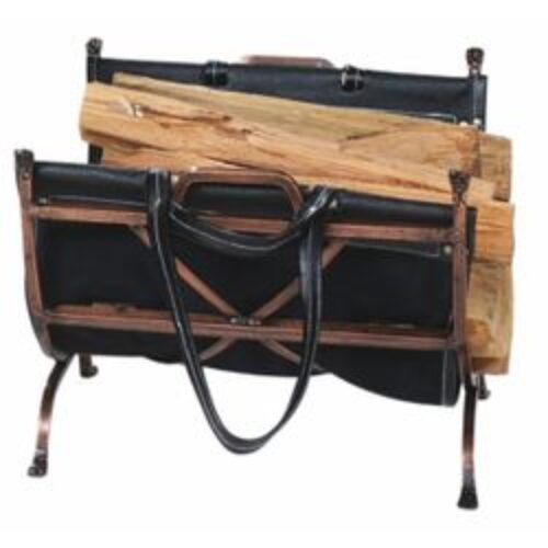 Indoor Firewood Rack with Leather Carrier – Antique Copper